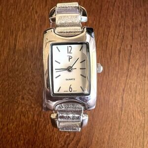 Vintage "P"‎ Women's Watch Silver Tone New Battery Rectangle Face White 8 in.